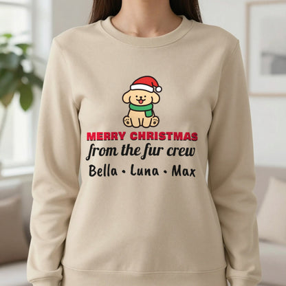 Personalised Fur Crew Christmas Jumper & T-Shirt Sweatshirt in Sand, worn, our photo