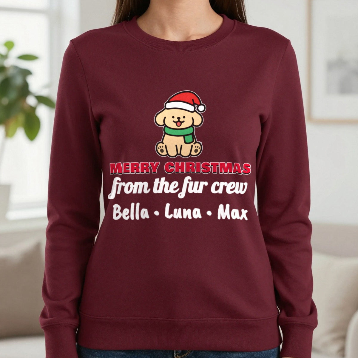 Personalised Fur Crew Christmas Jumper & T-Shirt Sweatshirt in Maroon, worn, our photo
