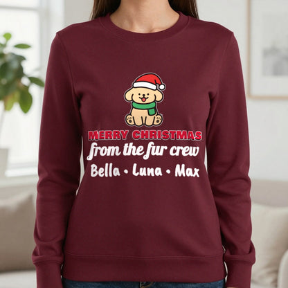 Personalised Fur Crew Christmas Jumper & T-Shirt Sweatshirt in Maroon, worn, our photo