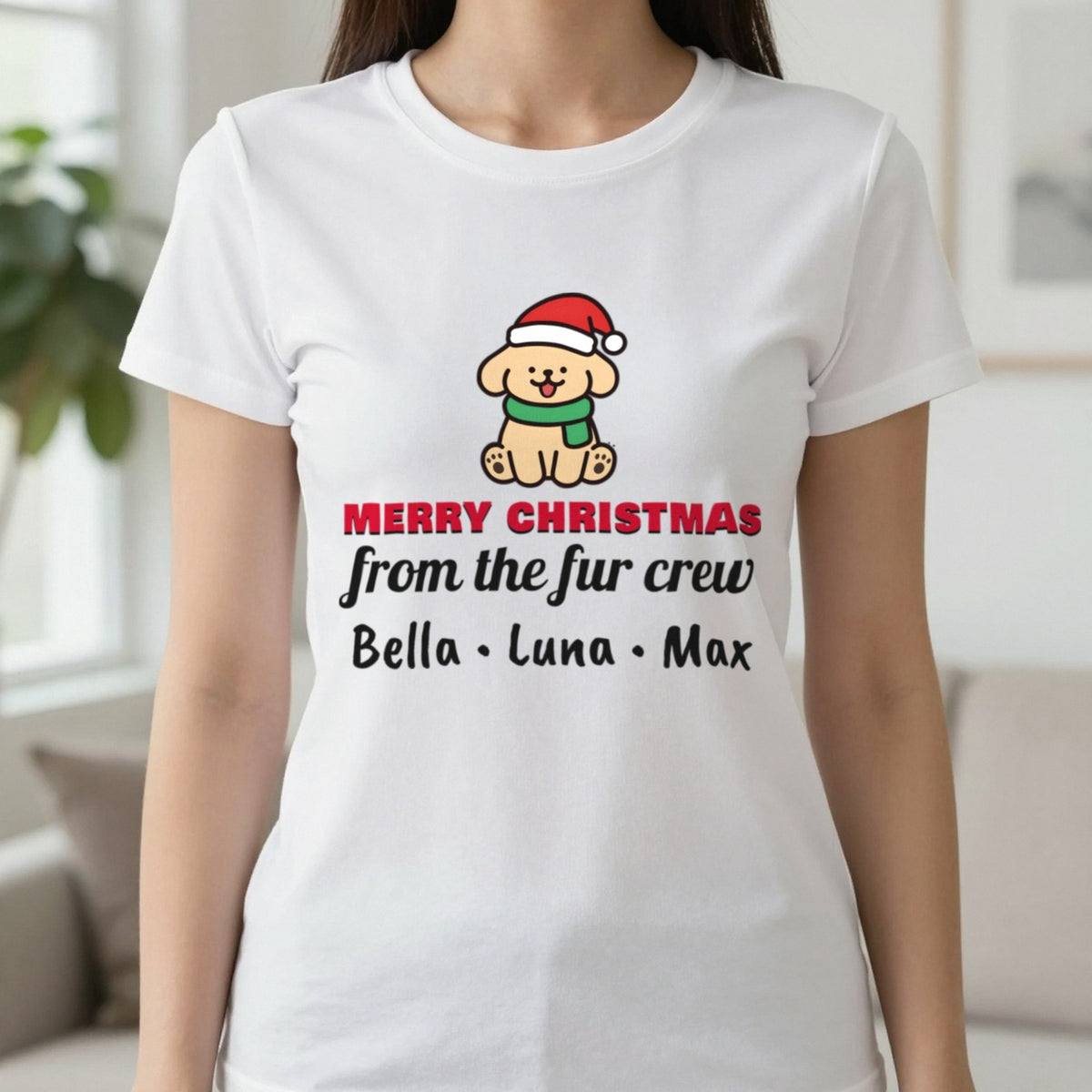 Personalised Fur Crew Christmas Jumper & T-Shirt T-Shirt in White, worn, our photo