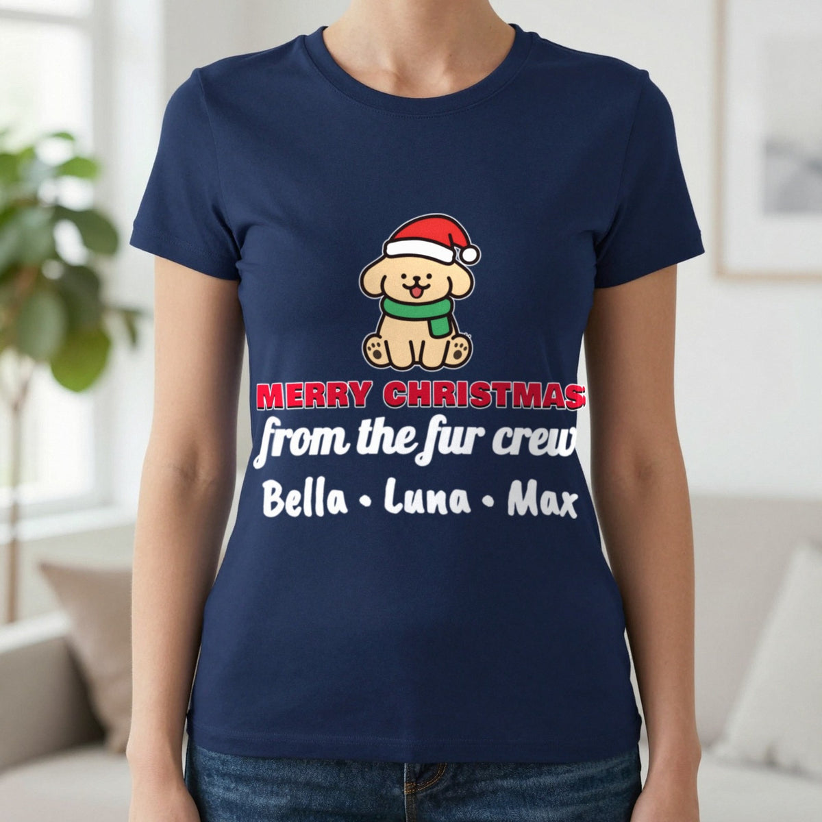 Personalised Fur Crew Christmas Jumper & T-Shirt T-Shirt in Navy, worn, our photo