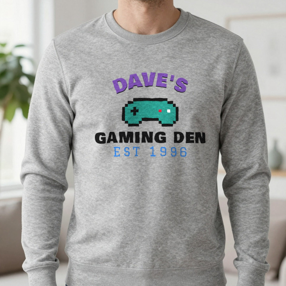 Personalised Gaming Den T-Shirt & Sweatshirt Sweatshirt in Sport Grey, worn, our photo