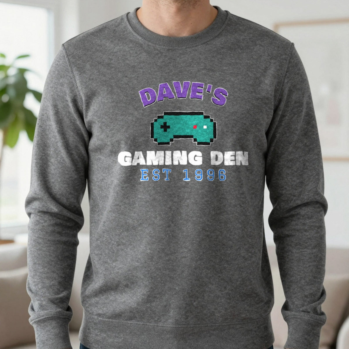 Personalised Gaming Den T-Shirt & Sweatshirt Sweatshirt in Charcoal, worn, our photo
