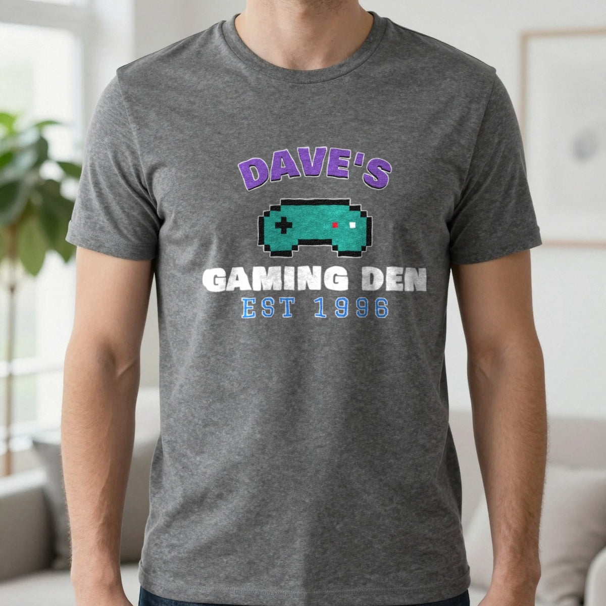 Personalised Gaming Den T-Shirt & Sweatshirt T-Shirt in Charcoal, worn, our photo