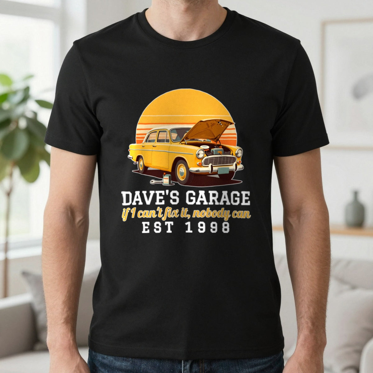 Personalised Garage T-Shirt & Sweatshirt T-Shirt in Black, worn, our photo
