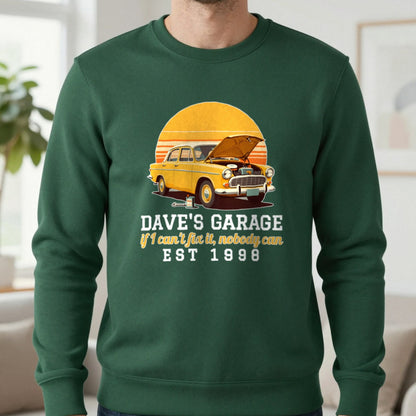 Personalised Garage T-Shirt & Sweatshirt Sweatshirt in Forest Green, worn, our photo