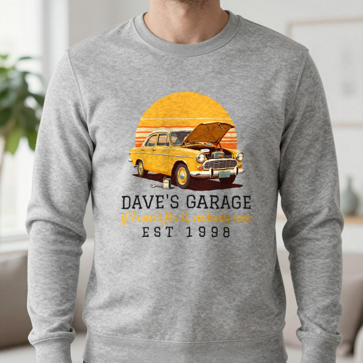 Personalised Garage T-Shirt & Sweatshirt Sweatshirt in Sport Grey, worn, our photo