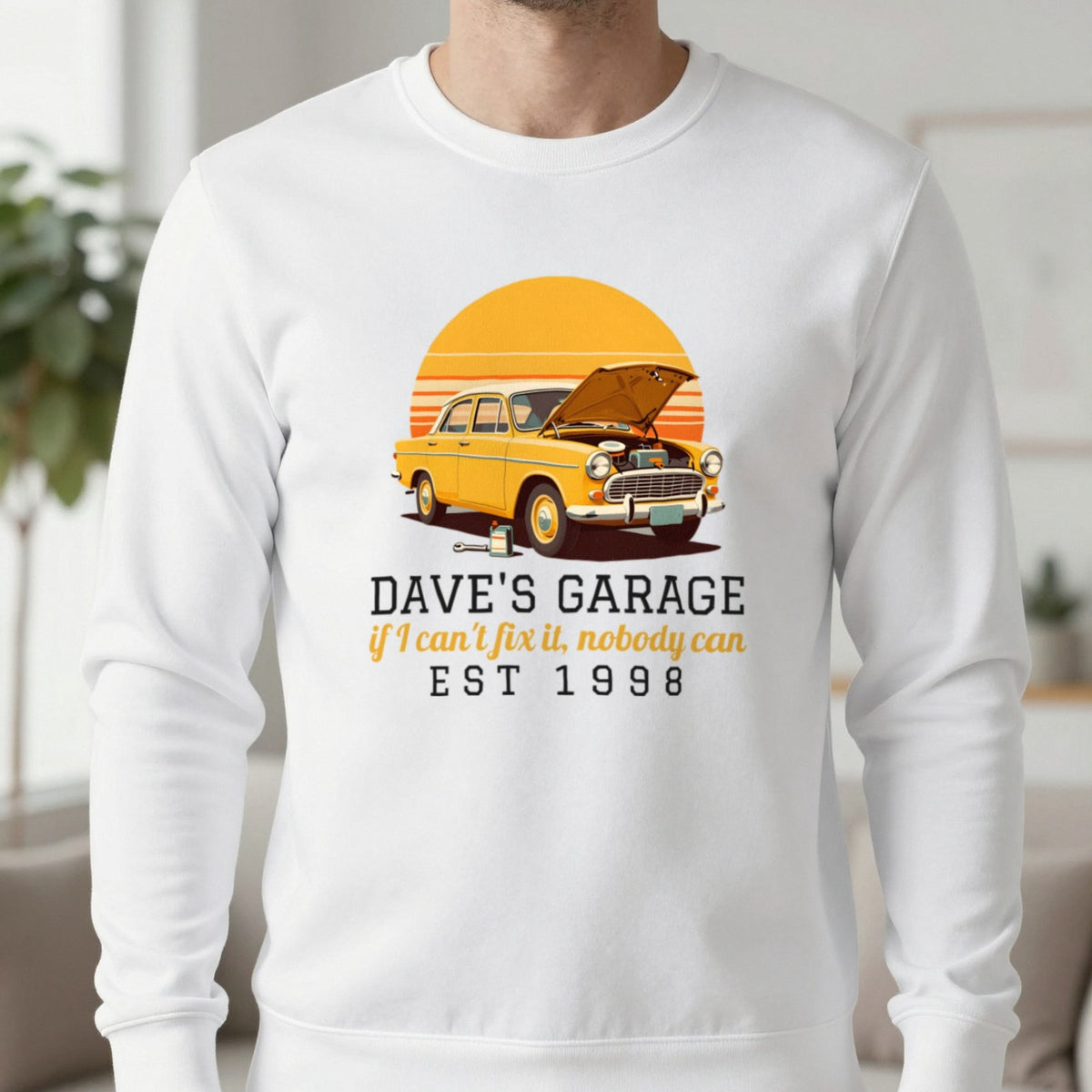Personalised Garage T-Shirt & Sweatshirt Sweatshirt in White, worn, our photo