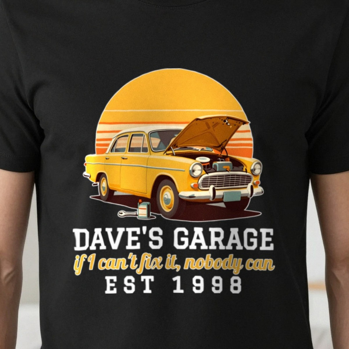 Personalised Garage T-Shirt & Sweatshirt print close-up, our photo