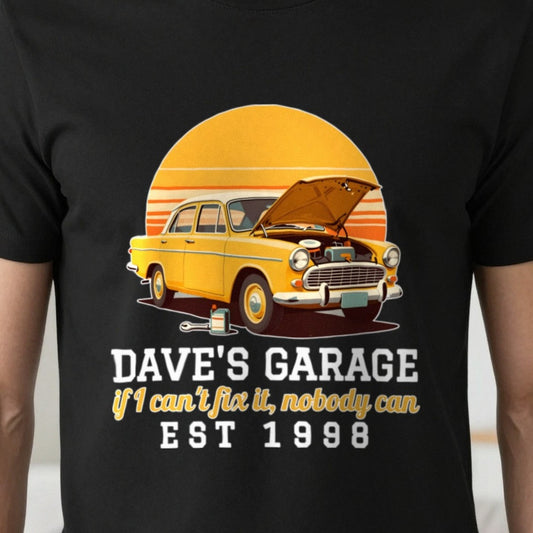 Personalised Garage T-Shirt & Sweatshirt print close-up, our photo