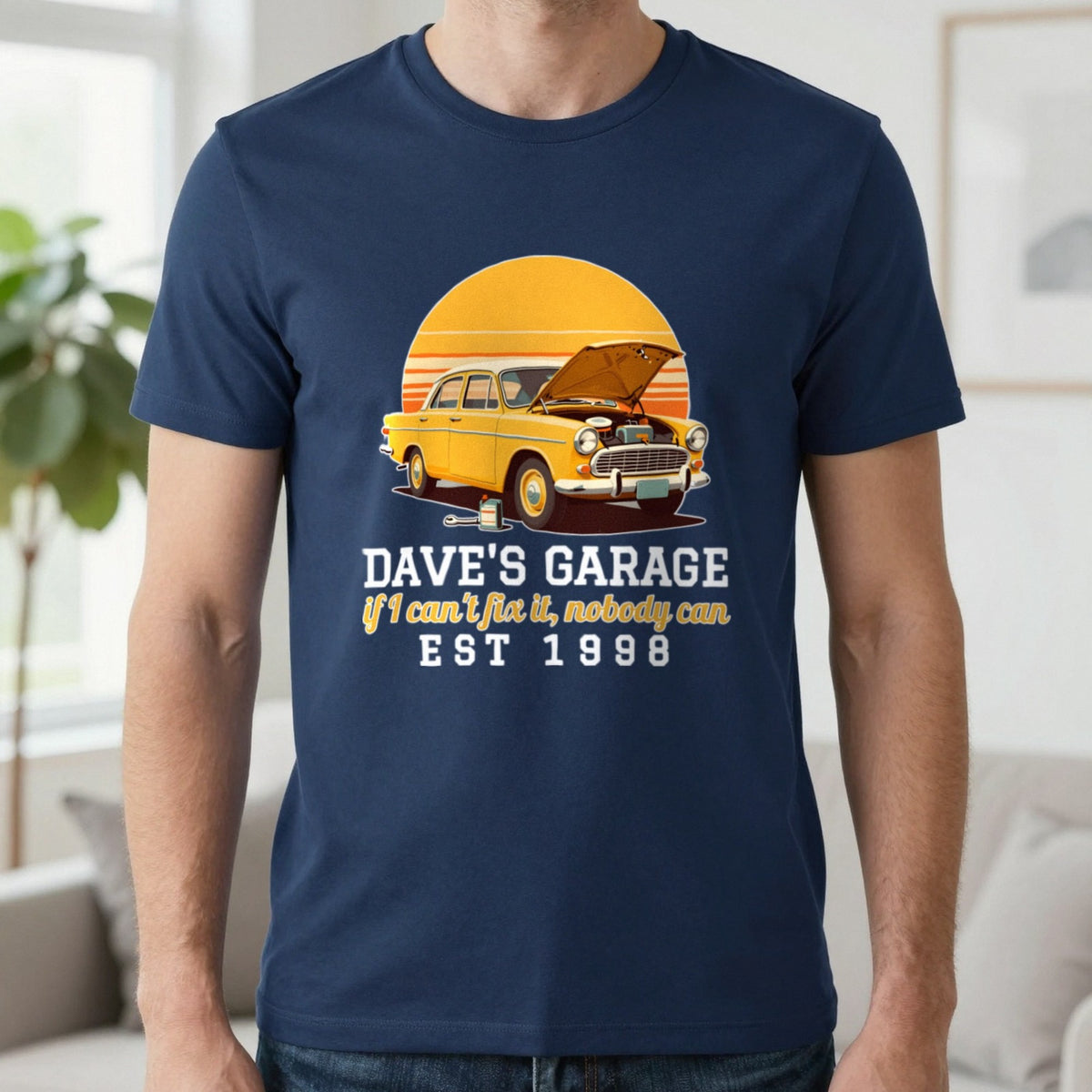 Personalised Garage T-Shirt & Sweatshirt T-Shirt in Navy, worn, our photo