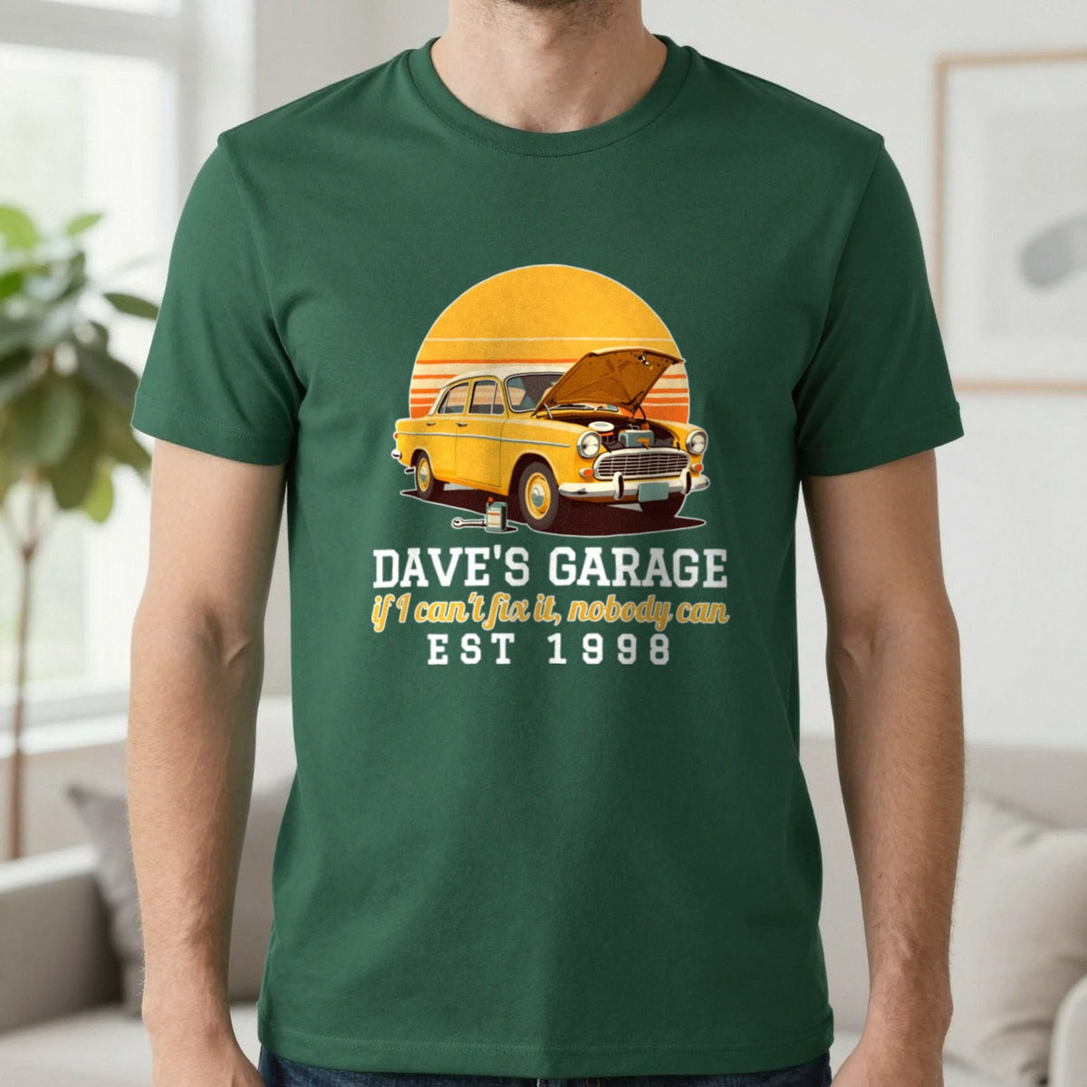 Personalised Garage T-Shirt & Sweatshirt T-Shirt in Forest Green, worn, our photo