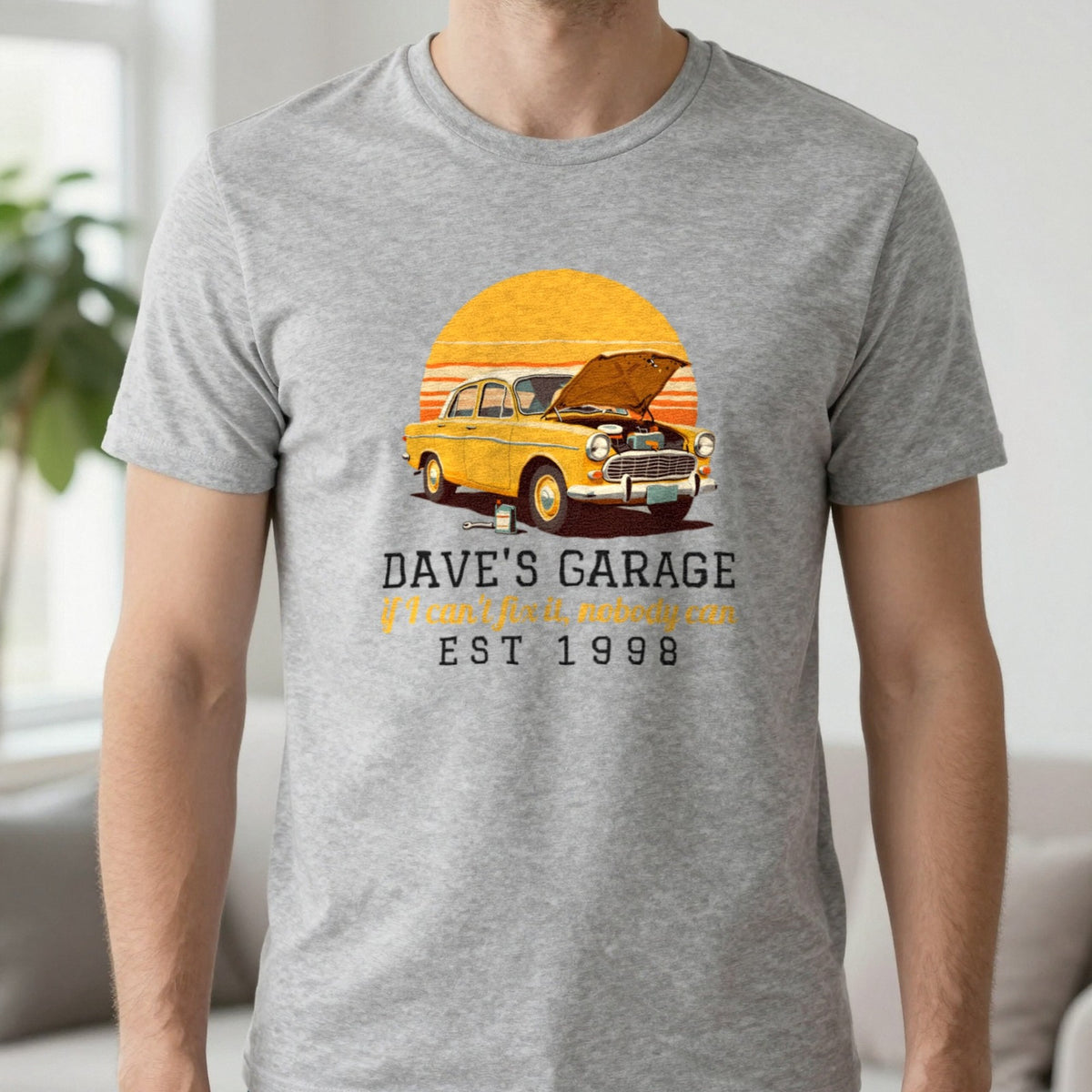 Personalised Garage T-Shirt & Sweatshirt T-Shirt in Sport Grey, worn, our photo
