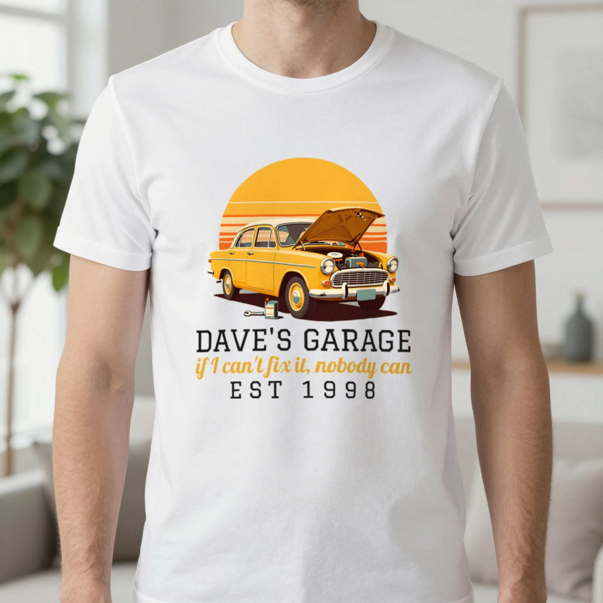 Personalised Garage T-Shirt & Sweatshirt T-Shirt in White, worn, our photo