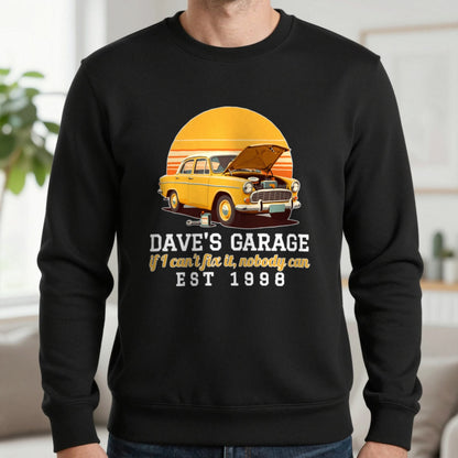 Personalised Garage T-Shirt & Sweatshirt Sweatshirt in Black, worn, our photo