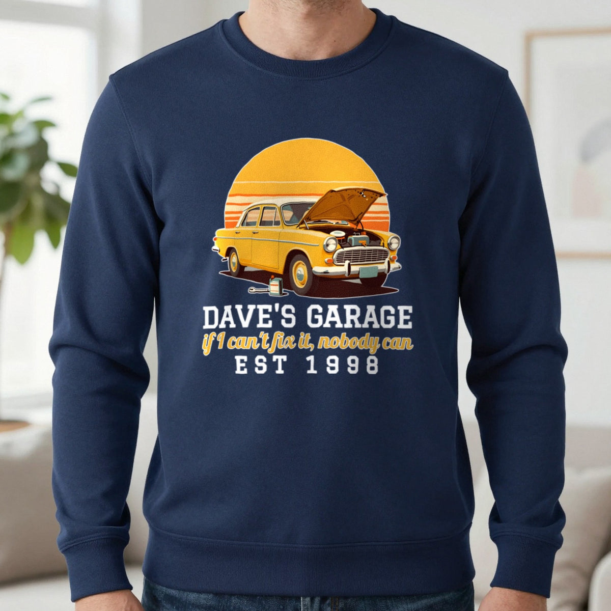 Personalised Garage T-Shirt & Sweatshirt Sweatshirt in Navy, worn, our photo