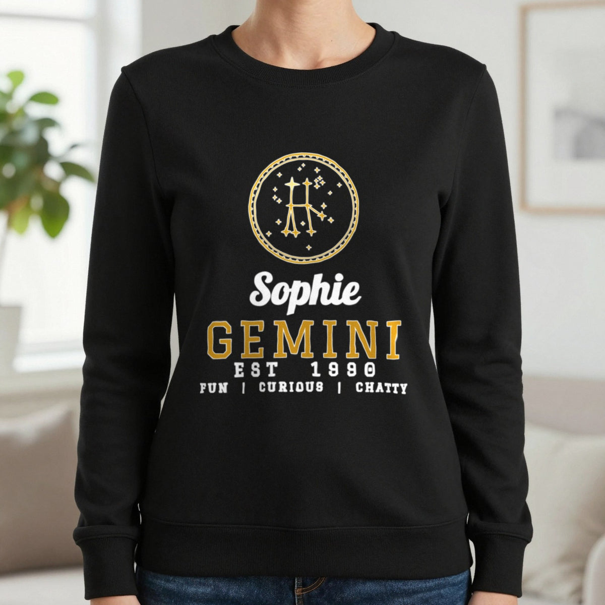 Personalised Gemini T-Shirt & Sweatshirt Sweatshirt in Black, worn, our photo
