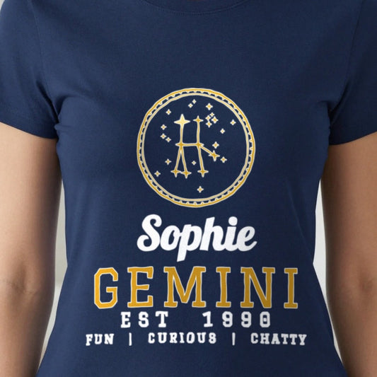 Personalised Gemini T-Shirt & Sweatshirt print close-up, our photo