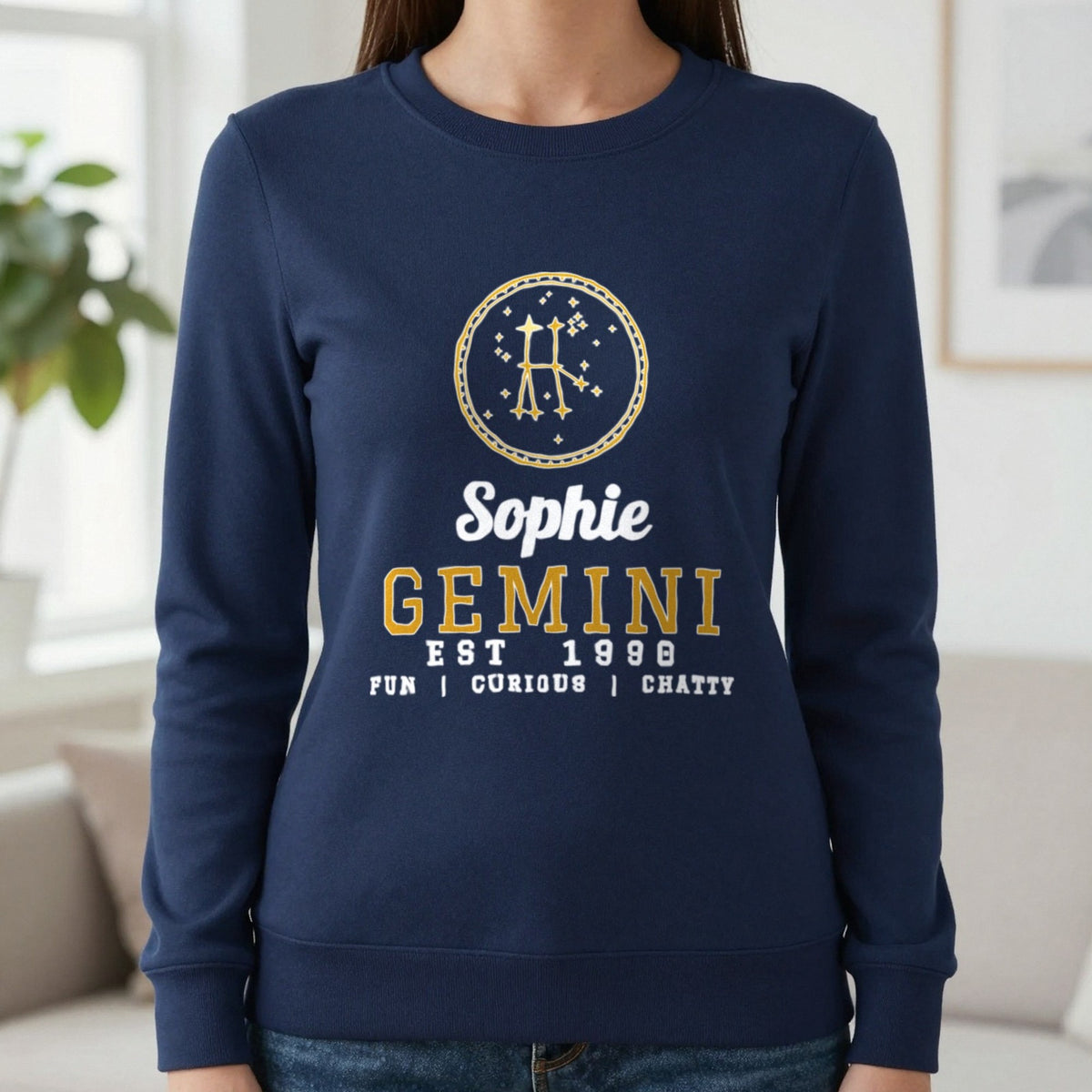 Personalised Gemini T-Shirt & Sweatshirt Sweatshirt in Navy, worn, our photo