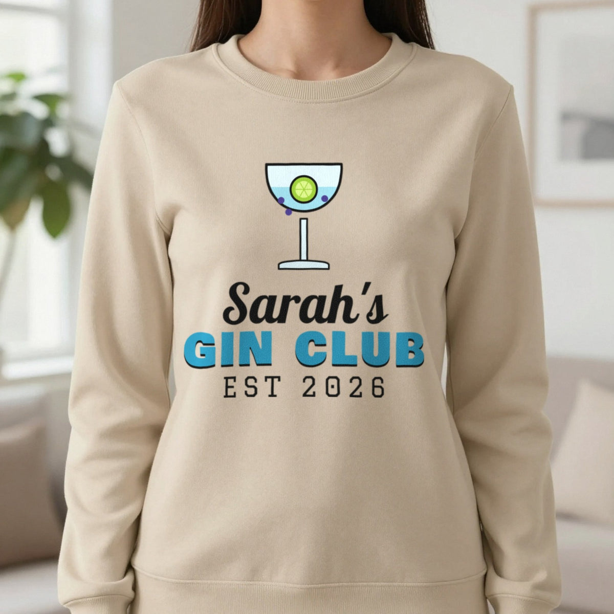 Personalised Gin Club T-Shirt & Sweatshirt Sweatshirt in Sand, worn, our photo