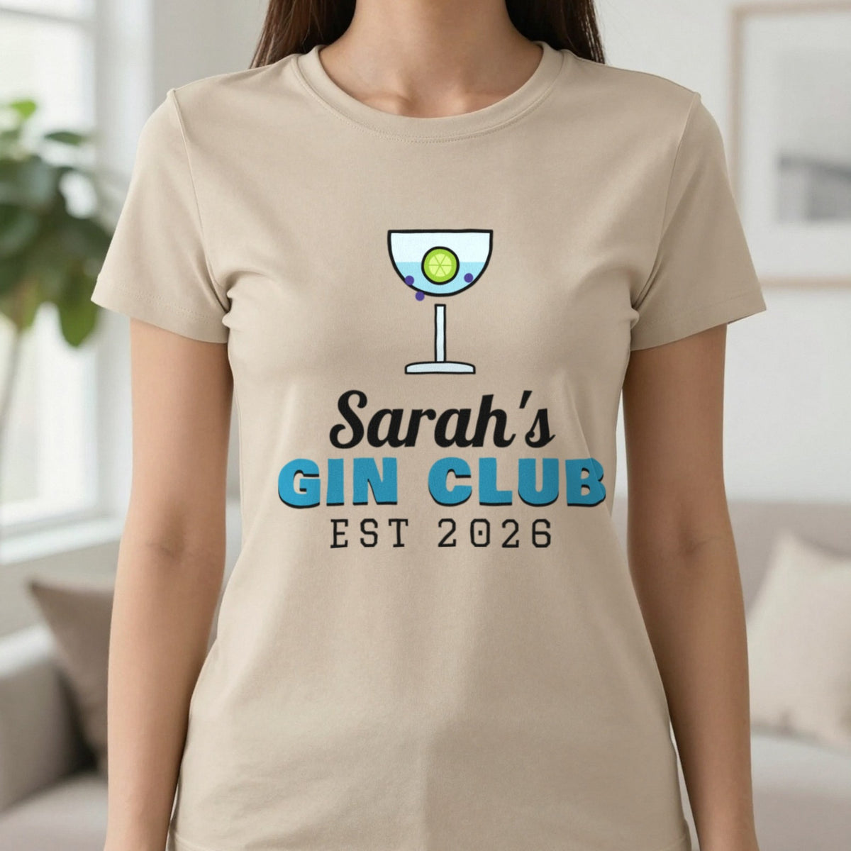 Personalised Gin Club T-Shirt & Sweatshirt T-Shirt in Sand, worn, our photo