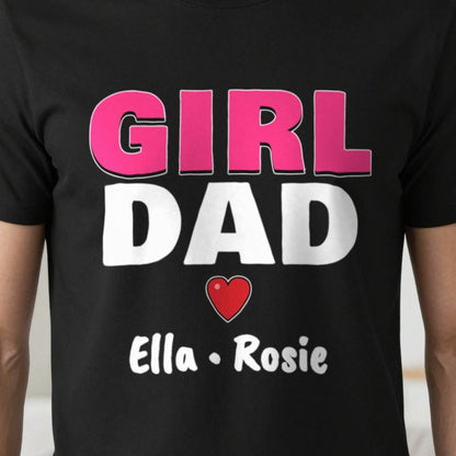 Personalised Girl Dad T-Shirt With Daughters Names print close-up, our photo