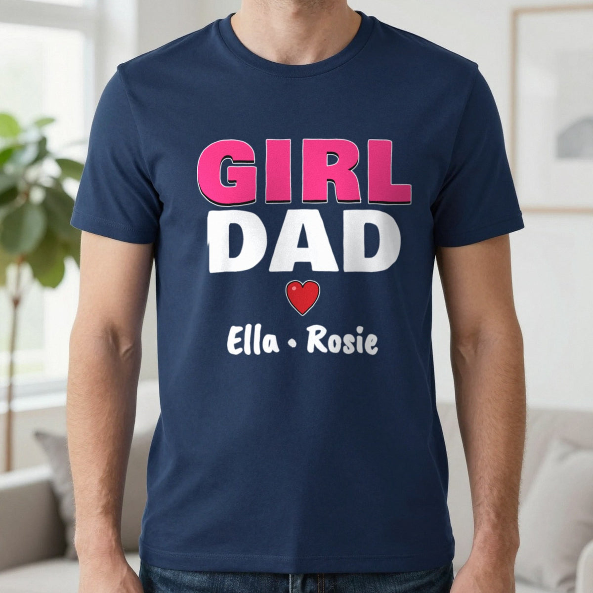 Personalised Girl Dad T-Shirt With Daughters Names T-Shirt in Navy, worn, our photo