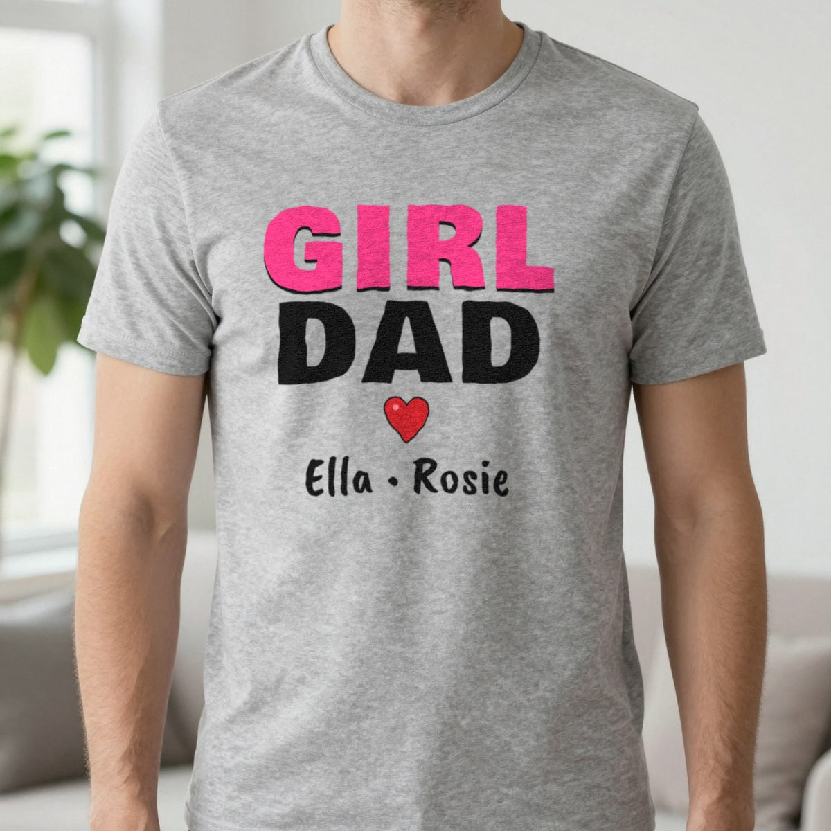 Personalised Girl Dad T-Shirt With Daughters Names T-Shirt in Sport Grey, worn, our photo