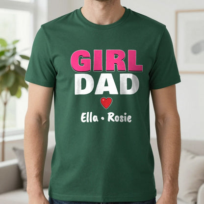 Personalised Girl Dad T-Shirt With Daughters Names T-Shirt in Forest Green, worn, our photo