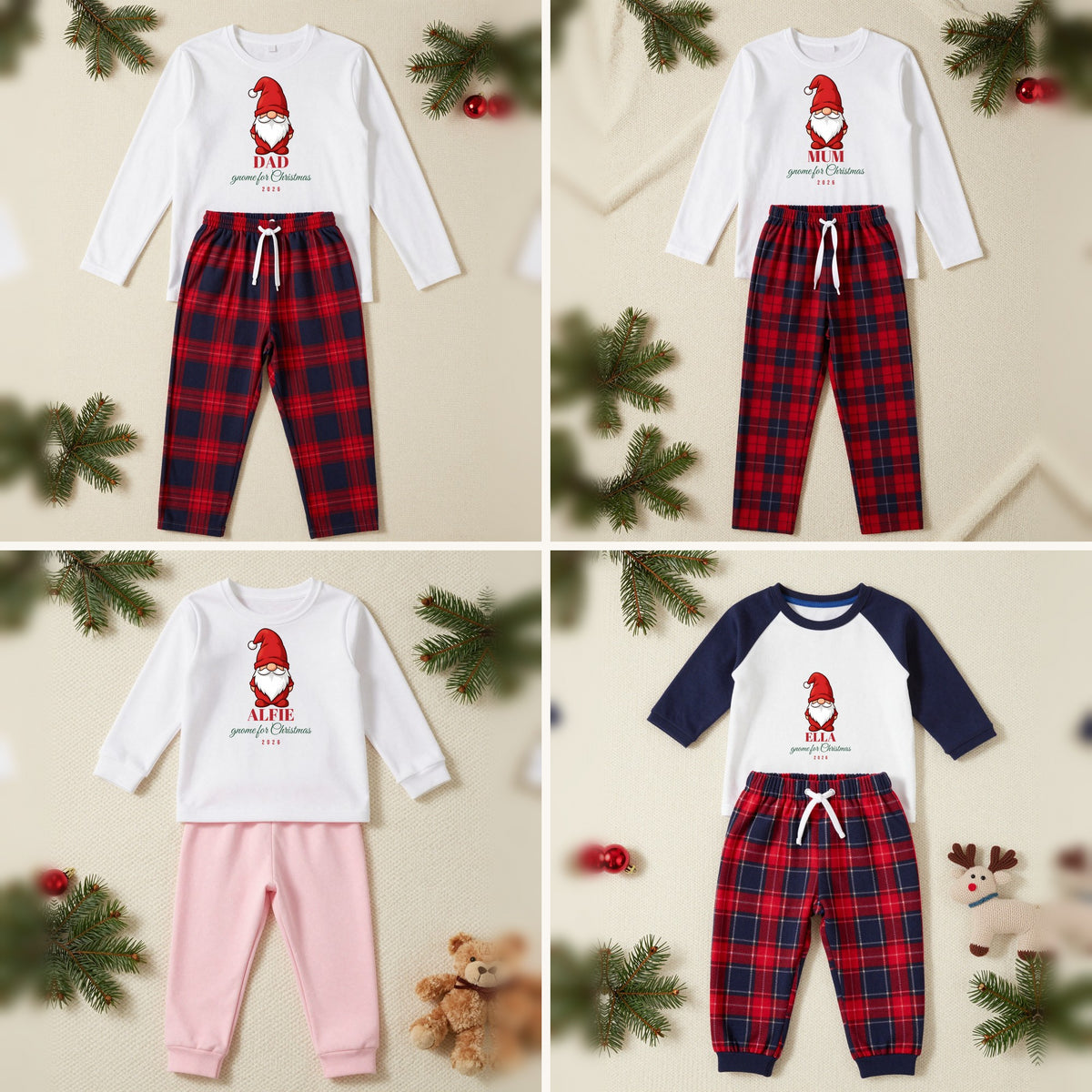 Gnome For Christmas Gonk matching family Christmas pyjamas set, each with their own name