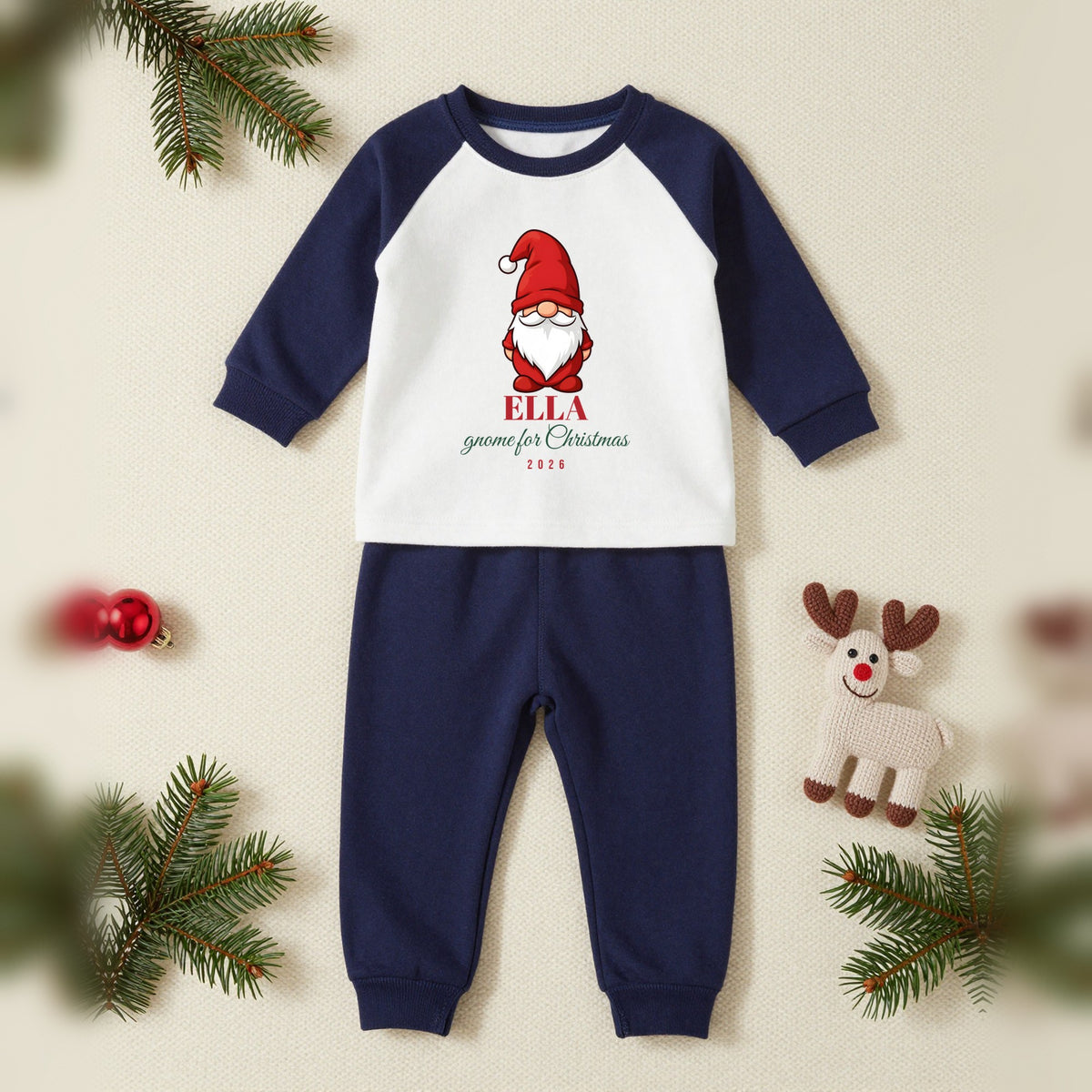 Gnome For Christmas Gonk Personalised Matching Family Christmas Pyjamas Set, Baby & Toddler in Navy, our photo