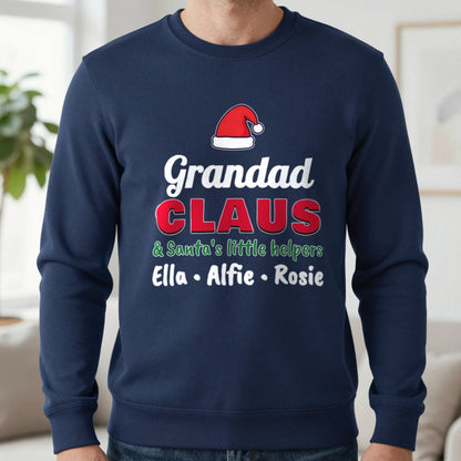 Personalised Grandad Claus Christmas Jumper With Grandkids Names Sweatshirt in Navy, worn, our photo