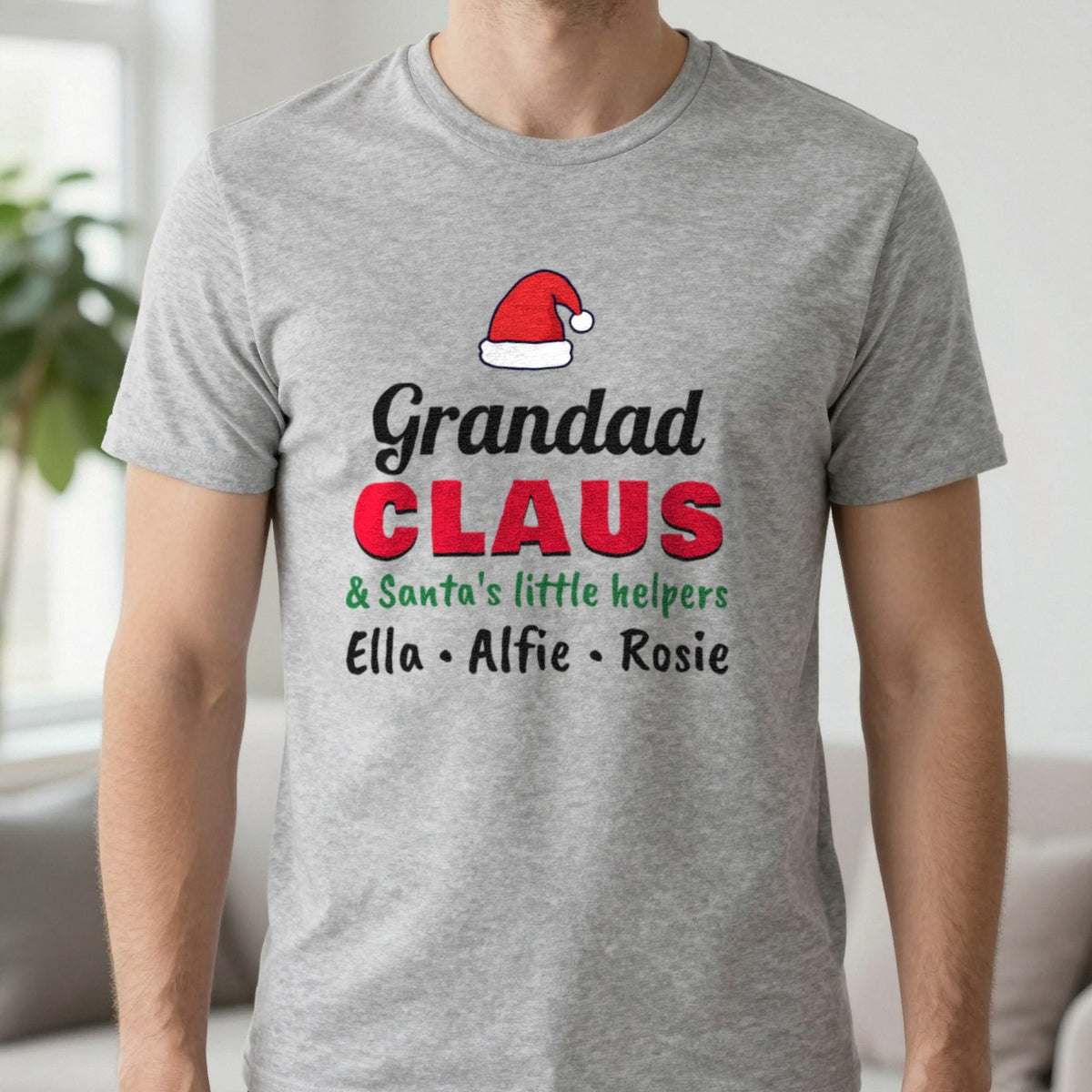 Personalised Grandad Claus Christmas Jumper With Grandkids Names T-Shirt in Sport Grey, worn, our photo