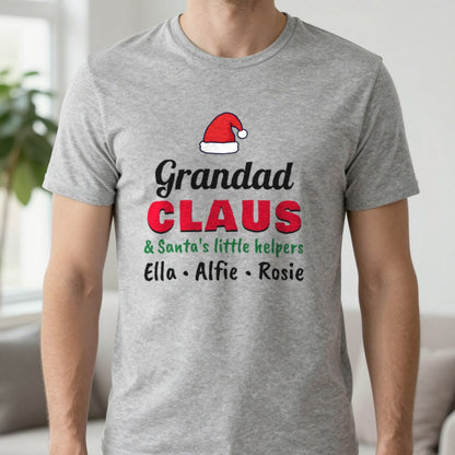 Personalised Grandad Claus Christmas Jumper With Grandkids Names T-Shirt in Sport Grey, worn, our photo