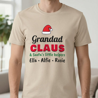 Personalised Grandad Claus Christmas Jumper With Grandkids Names T-Shirt in Sand, worn, our photo