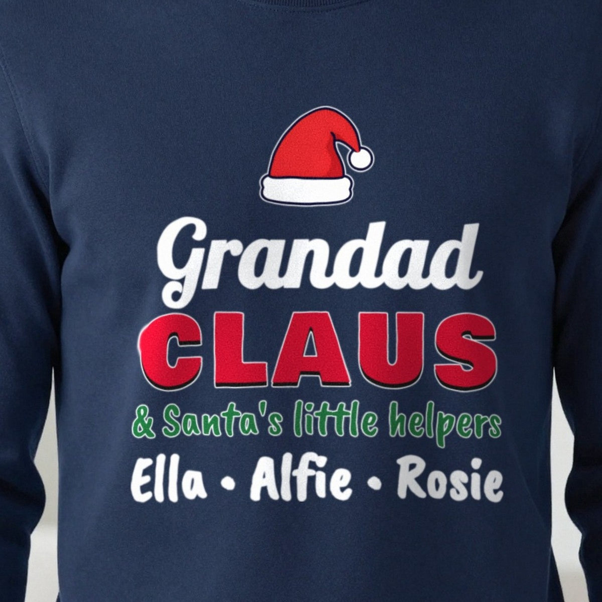 Personalised Grandad Claus Christmas Jumper With Grandkids Names print close-up, our photo