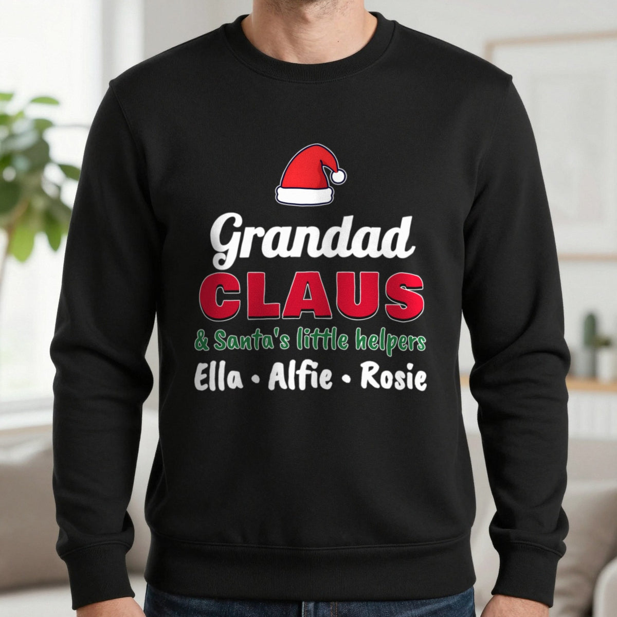 Personalised Grandad Claus Christmas Jumper With Grandkids Names Sweatshirt in Black, worn, our photo