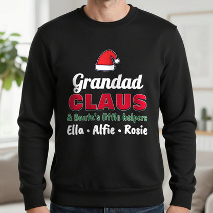 Personalised Grandad Claus Christmas Jumper With Grandkids Names Sweatshirt in Black, worn, our photo
