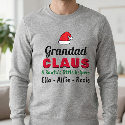 Personalised Grandad Claus Christmas Jumper With Grandkids Names Sweatshirt in Sport Grey, worn, our photo