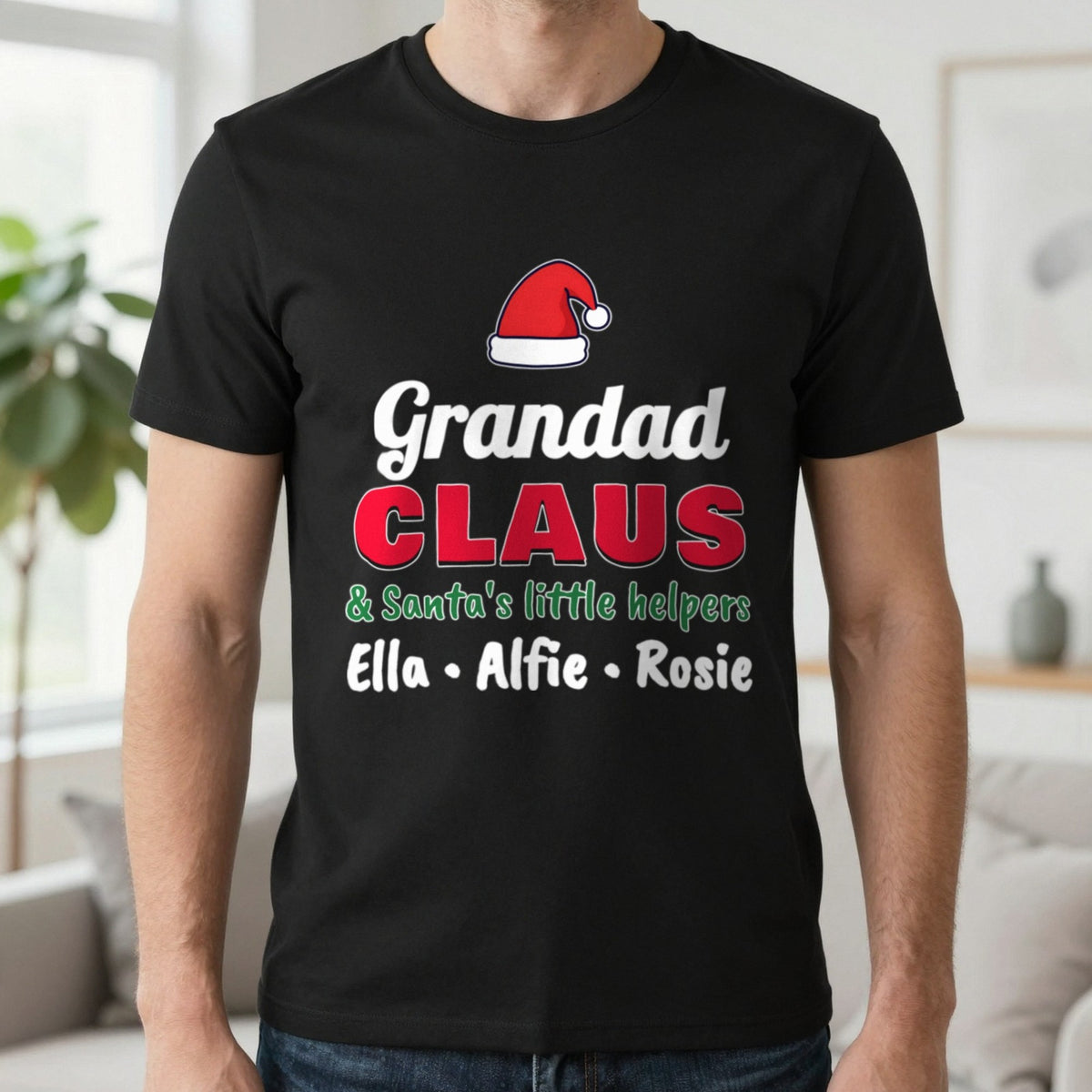 Personalised Grandad Claus Christmas Jumper With Grandkids Names T-Shirt in Black, worn, our photo