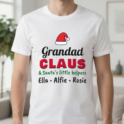 Personalised Grandad Claus Christmas Jumper With Grandkids Names T-Shirt in White, worn, our photo
