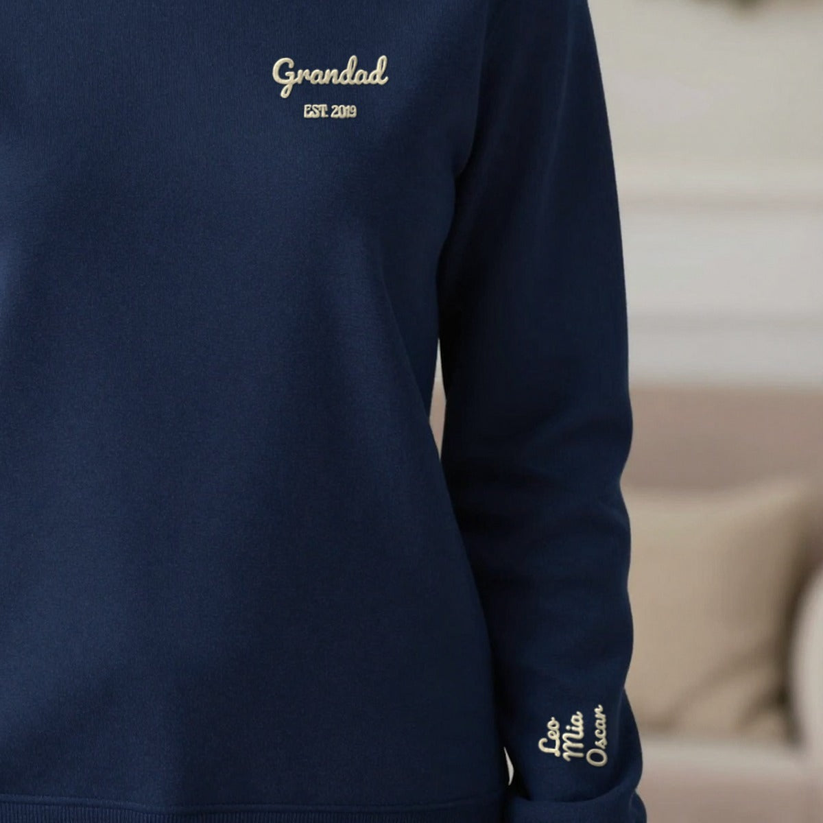 Personalised Embroidered Grandad Est. Sweatshirt with Names on the Sleeve, worn