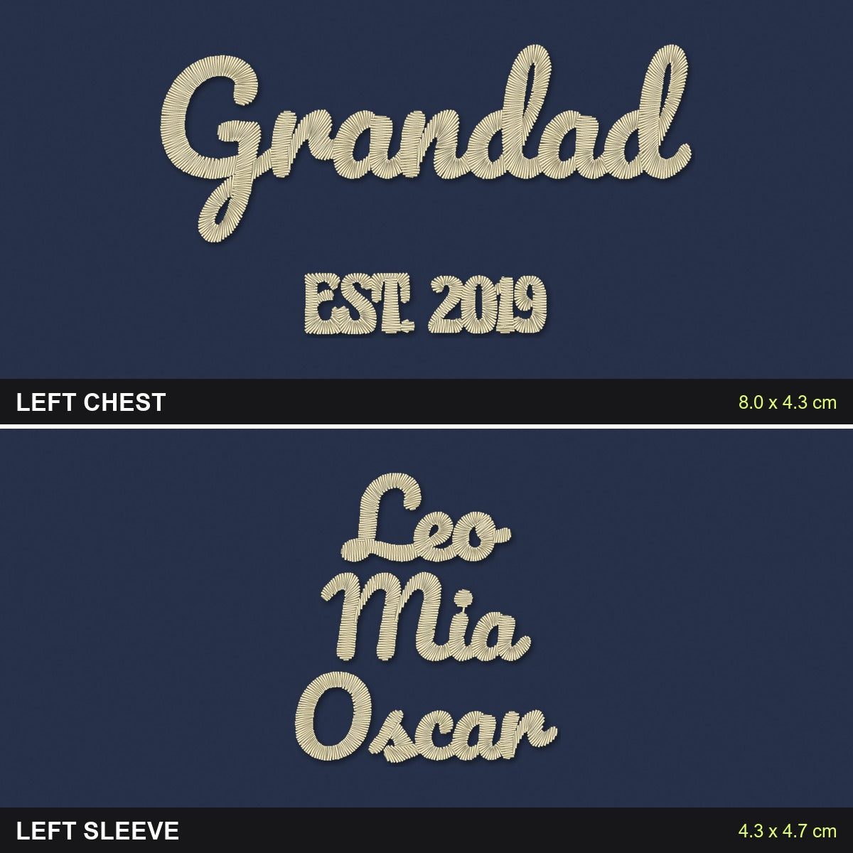 Grandad Est. Sweatshirt with Names on the Sleeve: close-up of the real stitches with sizes