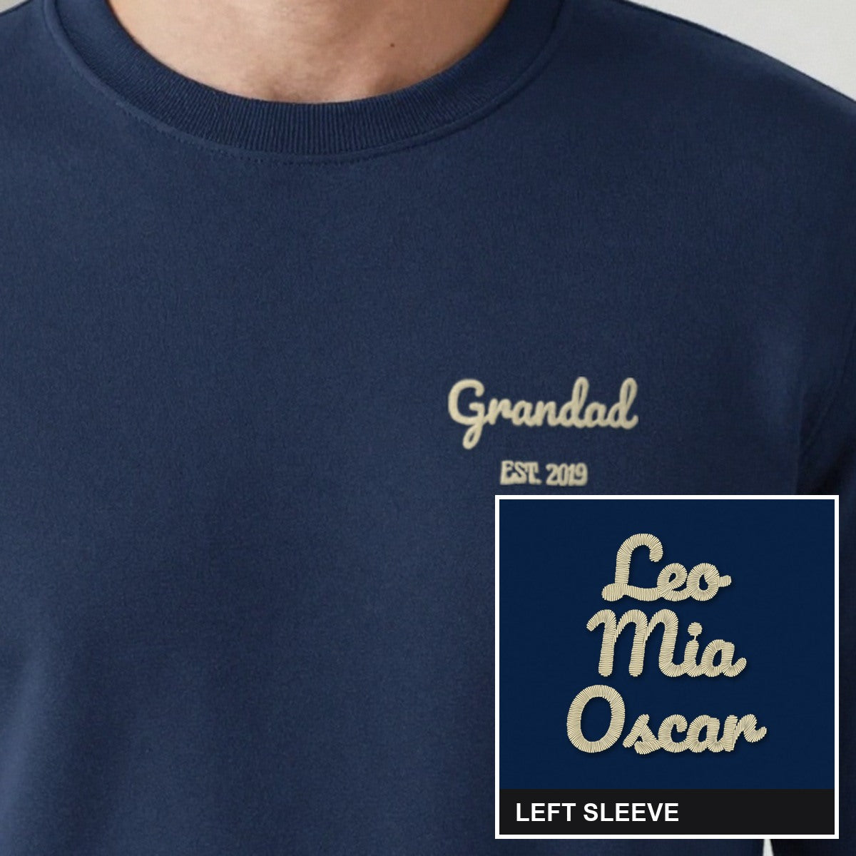 Grandad Est. Sweatshirt with Names on the Sleeve, adult sweatshirt in navy, embroidered