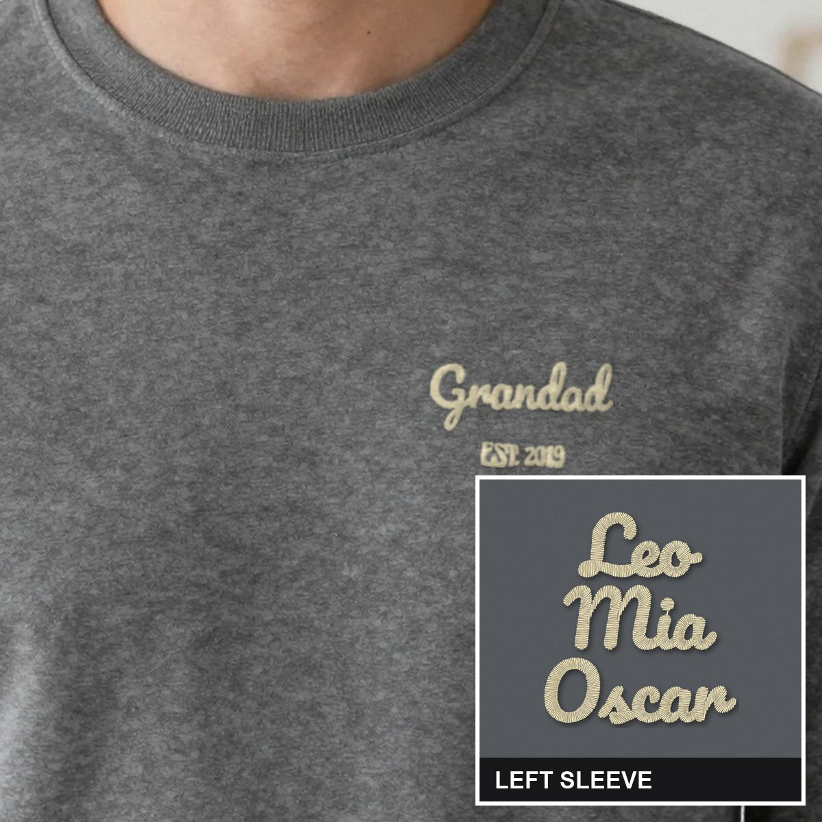 Grandad Est. Sweatshirt with Names on the Sleeve, adult sweatshirt in charcoal, embroidered