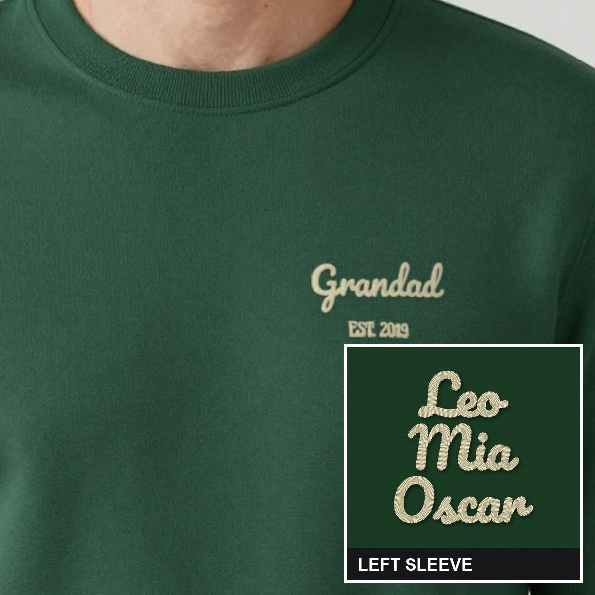 Grandad Est. Sweatshirt with Names on the Sleeve, adult sweatshirt in forest green, embroidered