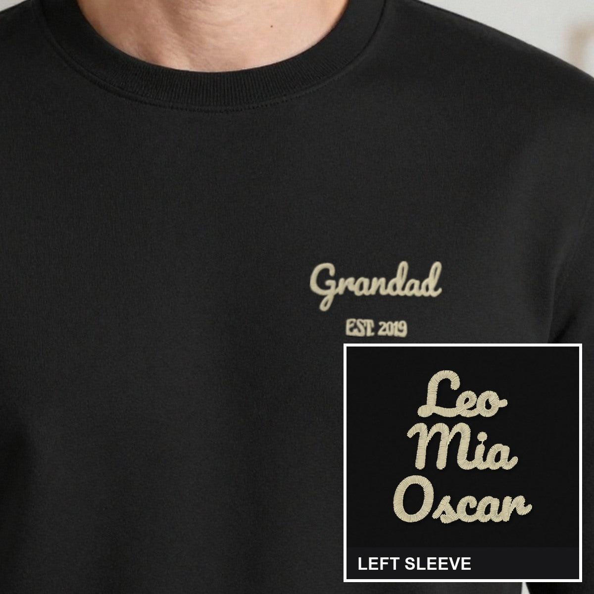 Grandad Est. Sweatshirt with Names on the Sleeve, adult sweatshirt in black, embroidered