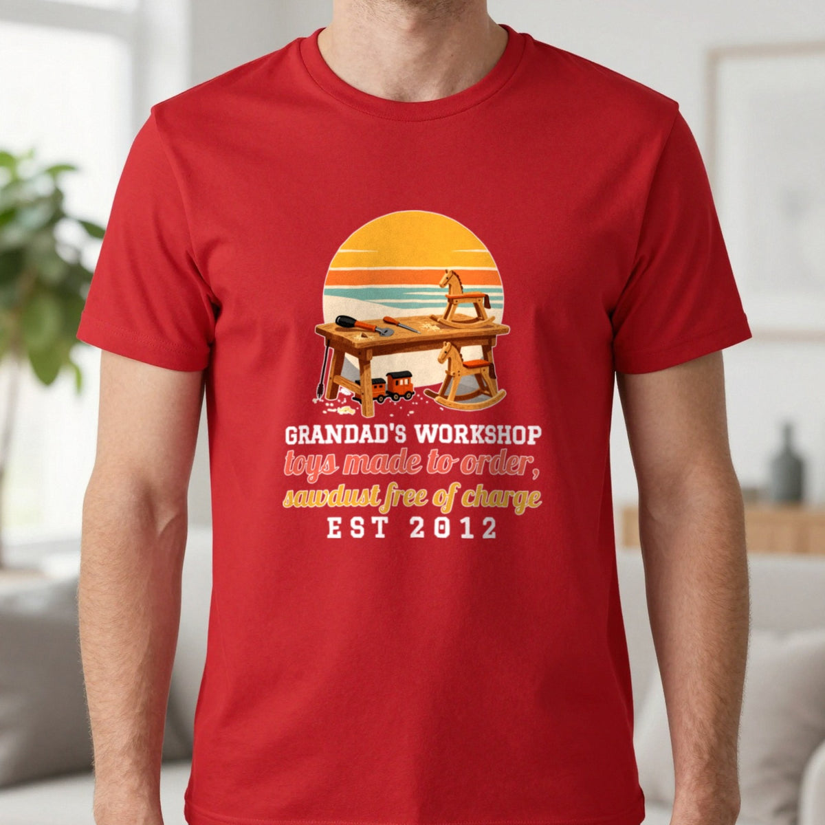 Personalised Grandad Workshop Christmas Jumper & T-Shirt T-Shirt in Red, worn, our photo
