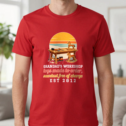 Personalised Grandad Workshop Christmas Jumper & T-Shirt T-Shirt in Red, worn, our photo