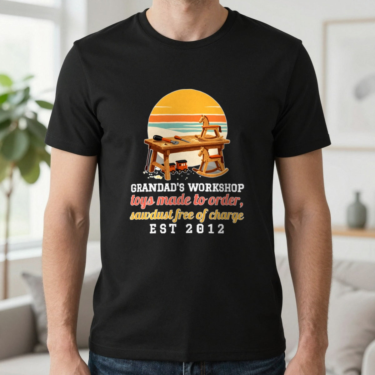 Personalised Grandad Workshop Christmas Jumper & T-Shirt T-Shirt in Black, worn, our photo